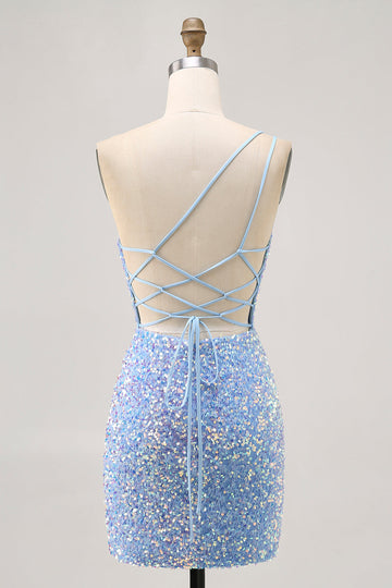 Glittrande blå One Shoulder Kort Homecoming Klänning med slits